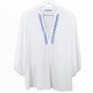 Octavia White & Blue Embroidered‎ Peplum Blouse Size XS